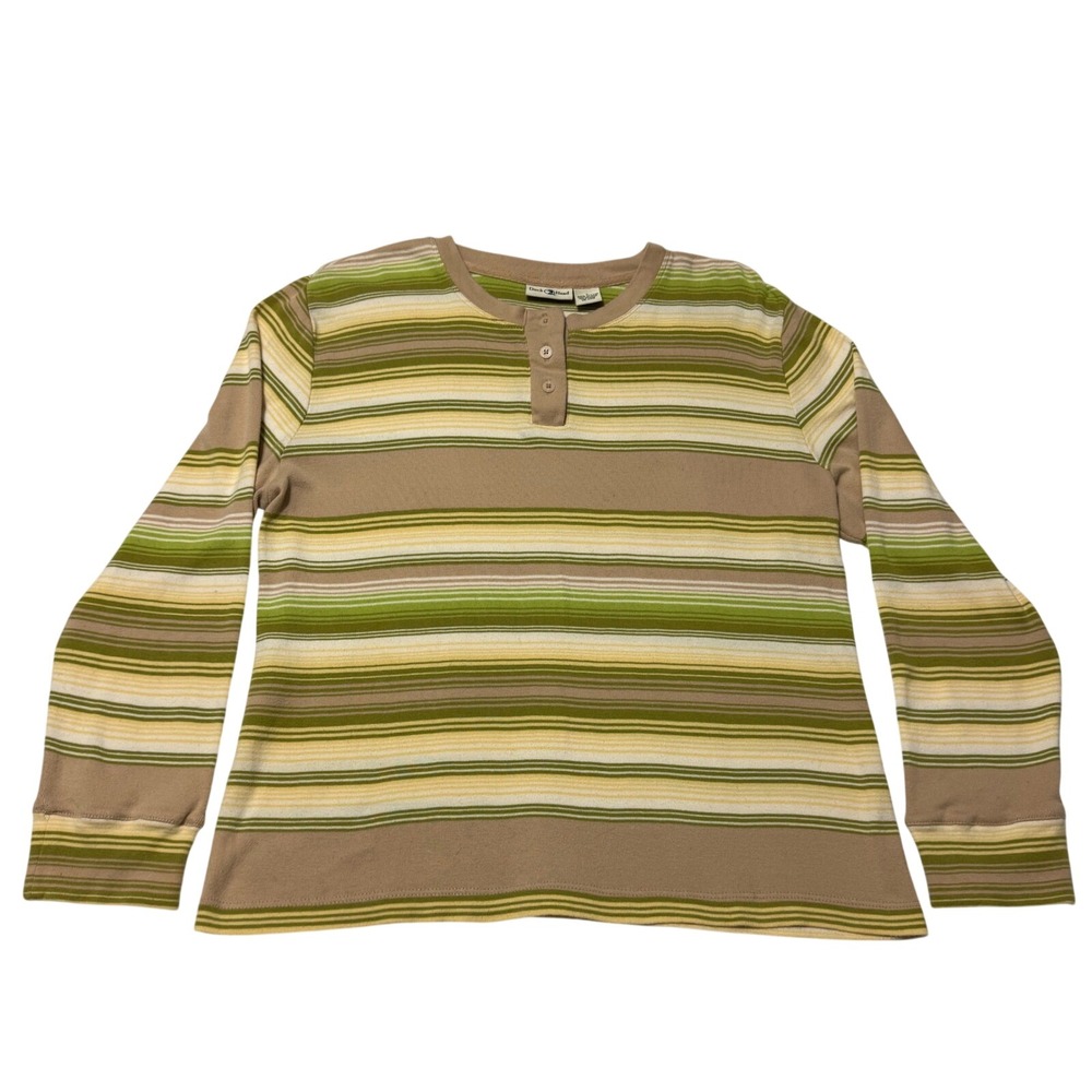 Duck Head Womens Large Green Tan Striped Long Sleeve Cotton Henley Top Shirt VTG